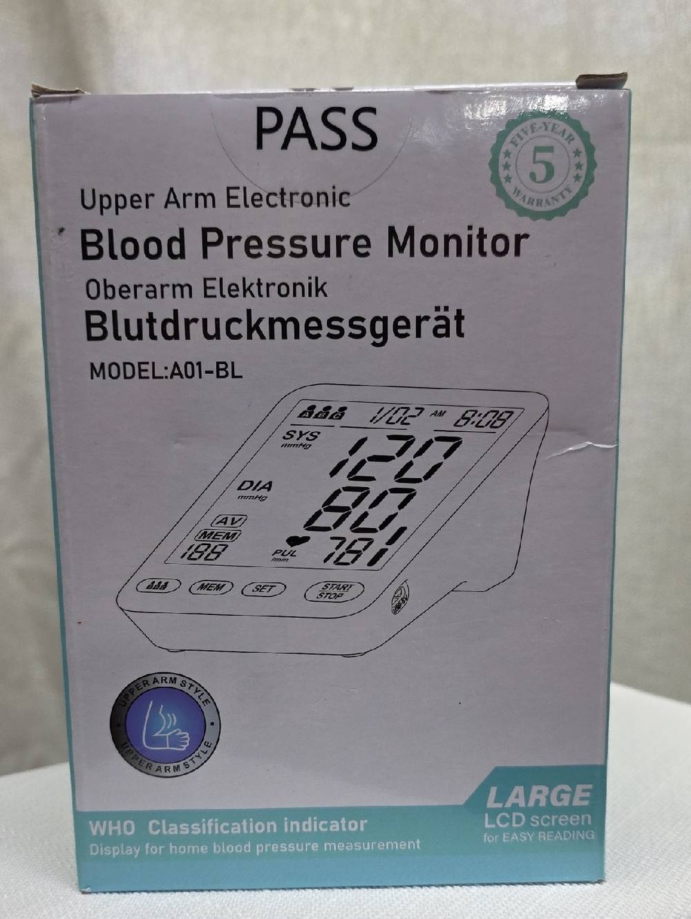 Upper Arm Electronic Blood Pressure Monitor, Lg LCD Screen, Easy, One Button